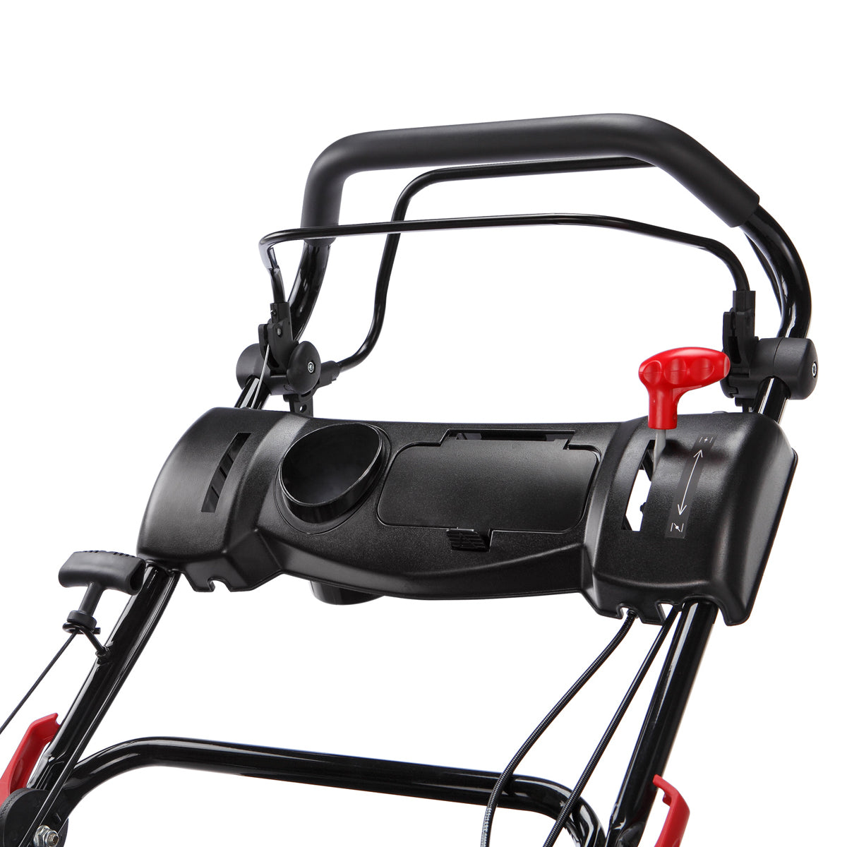 Schwarzer Griffbügel und Bedienpanel mit rotem Startknopf am Benzin-Rasenmäher.