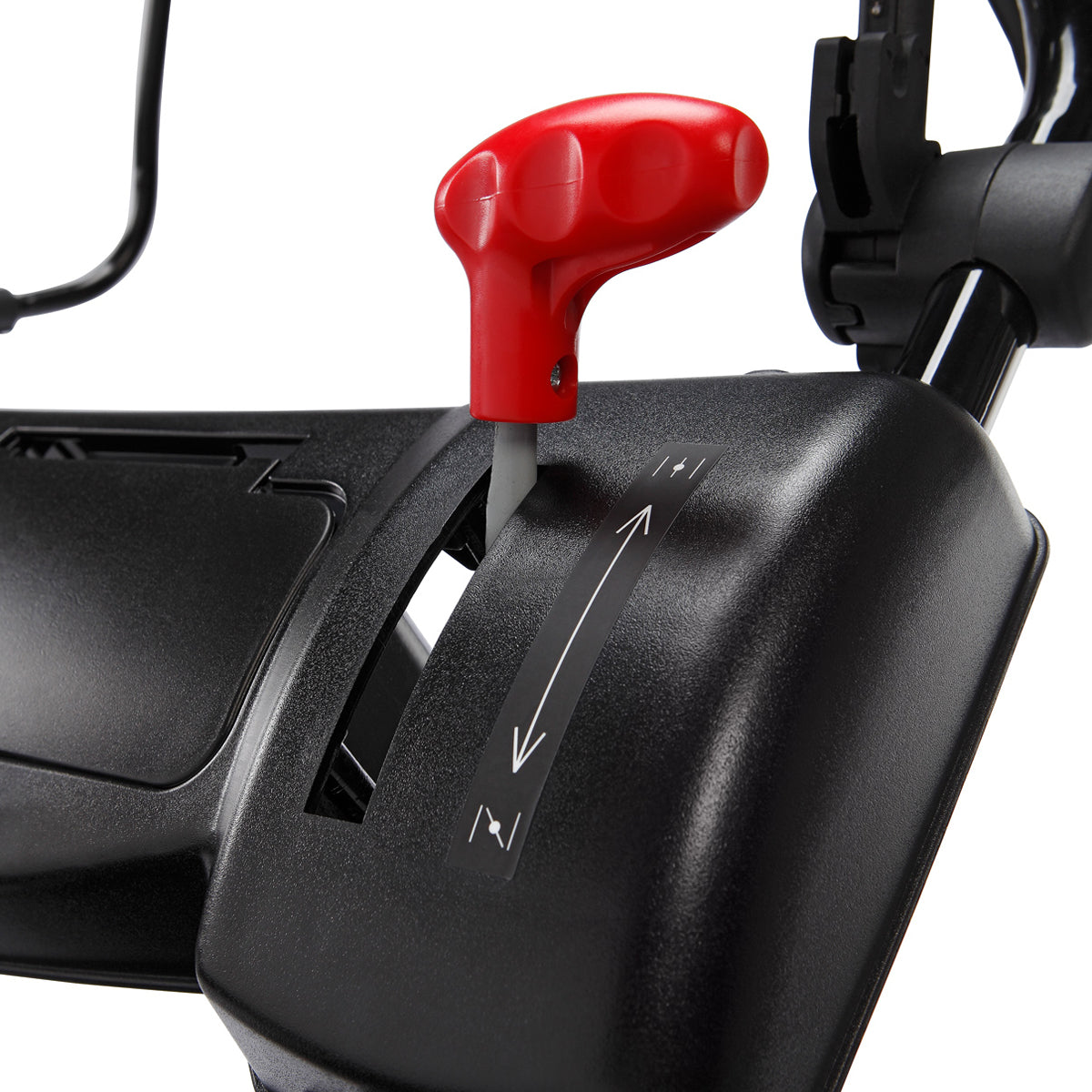 Roter Hebel an schwarzem Kunststoffgehäuse mit Schaltpfeilen für Rasenmäherantrieb.