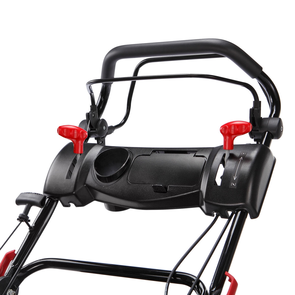 Schwarzer und roter Benzin-Rasenmäherlenker mit Griffen und Bedienhebeln aus robustem Kunststoff.