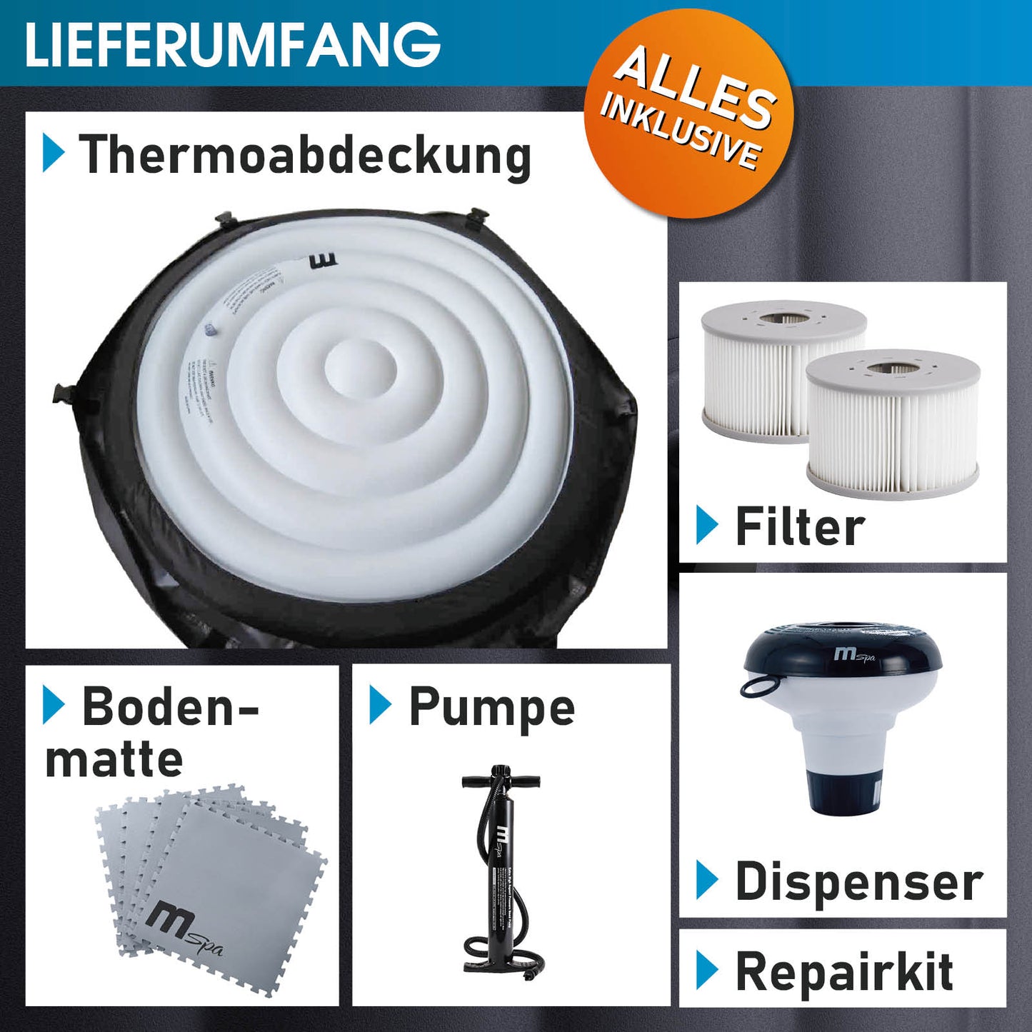 Zubehör für aufblasbaren Whirlpool Outdoor mit Thermoabdeckung, Filter, Bodenmatte, Pumpe, Dispenser und Reparaturkit für.