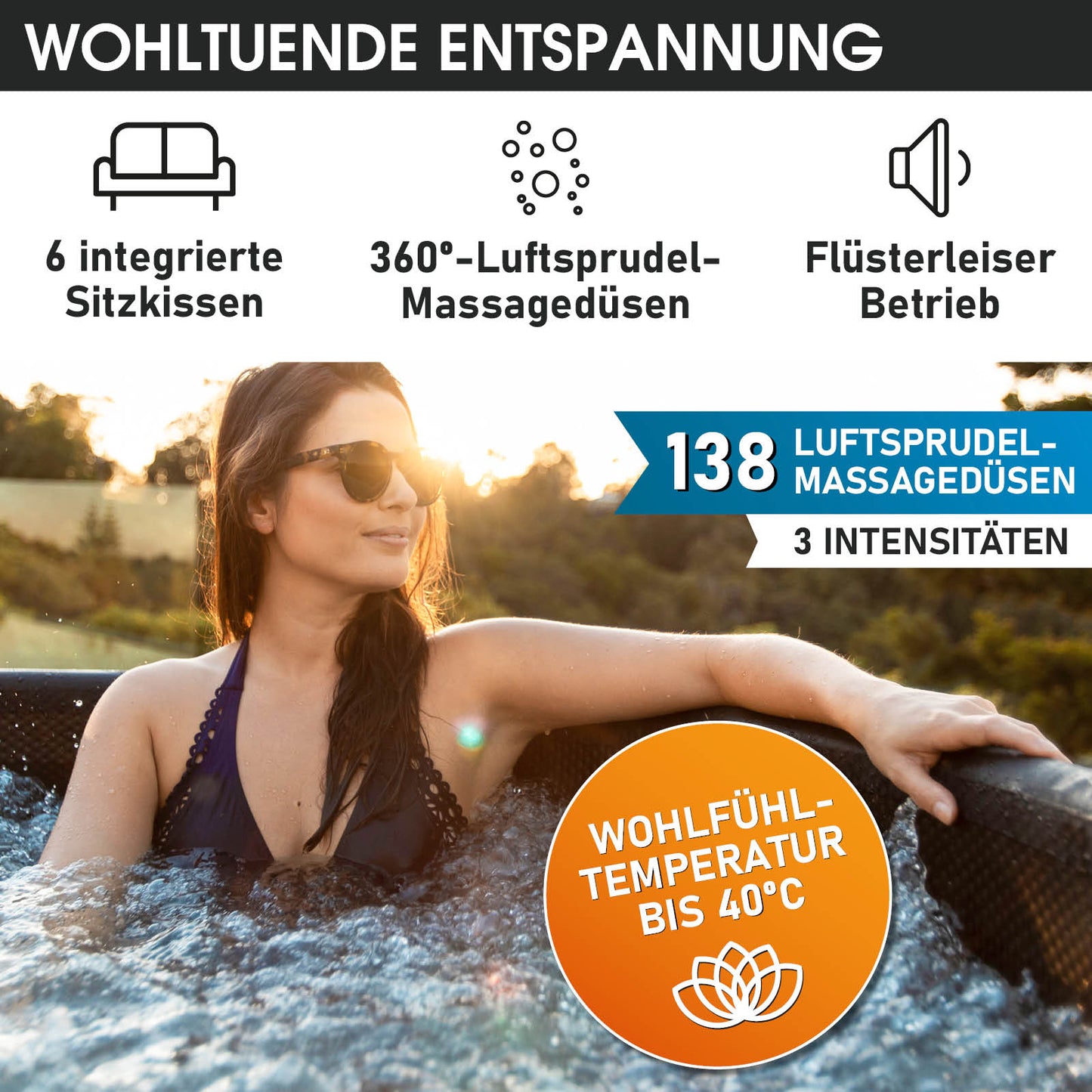 Aufblasbarer Whirlpool Outdoor in rundem Design mit 6 Sitzplätzen, Garten Jacuzzi, Aussenwhirlpool.