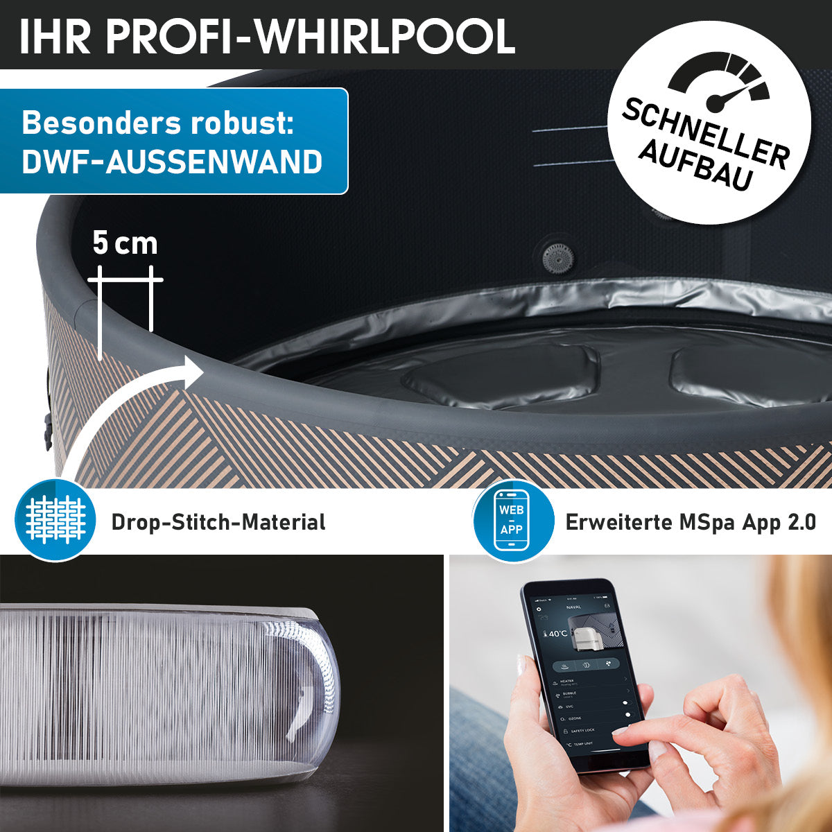Robuster DWF-Außenwand Aufbau für aufblasbaren Whirlpool Outdoor mit erweiterter MSpa App Steuerung, ideal als Whirlpool.