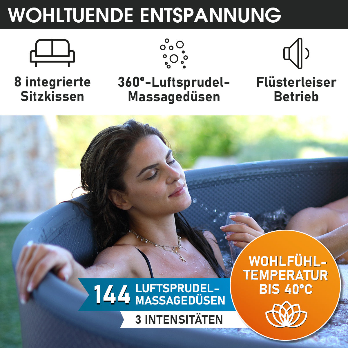 Frau entspannt in rundem, aufblasbarem Whirlpool Outdoor mit 8 Sitzkissen, Garten Jacuzzi, flüsterleiser Betrieb,.