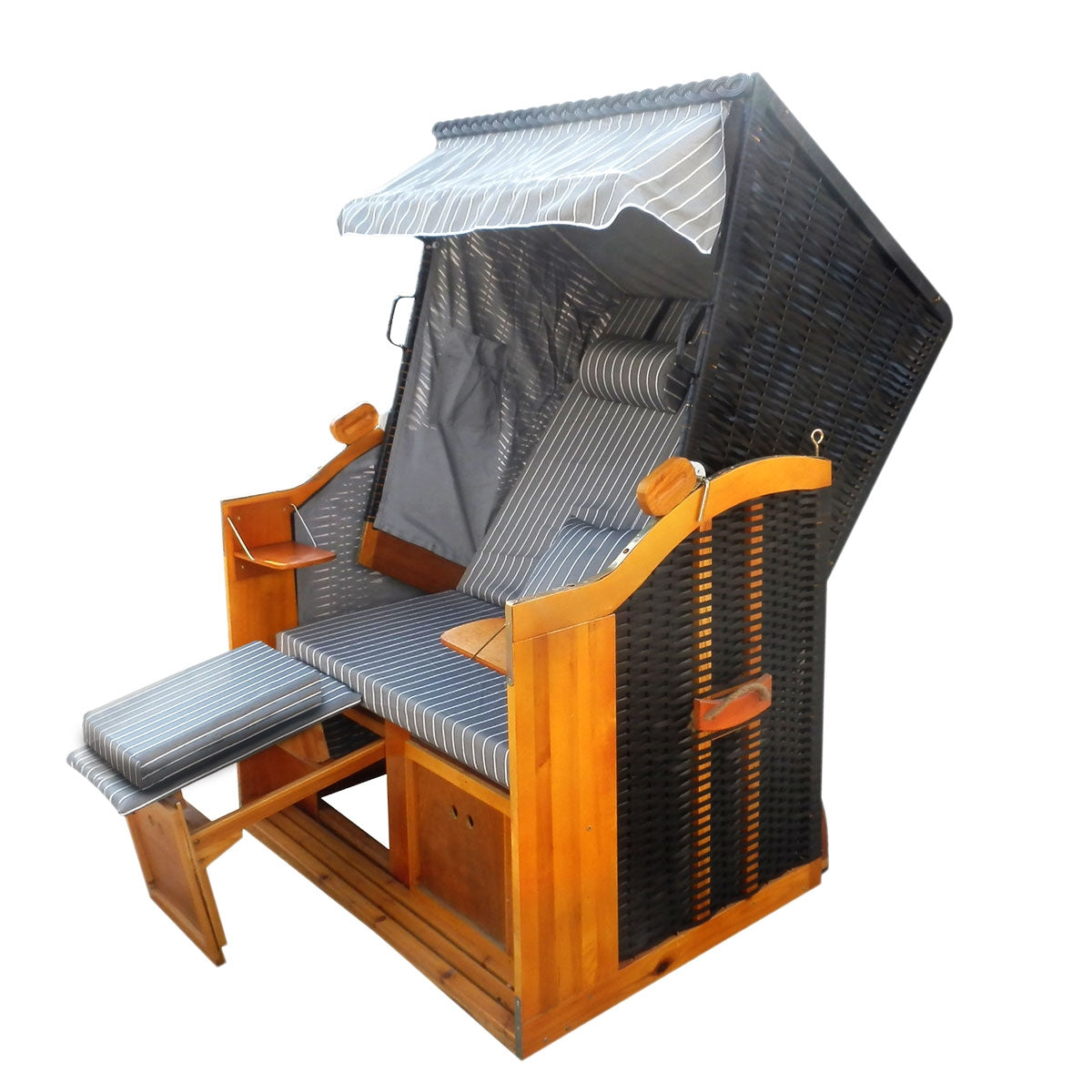 Anthrazit-grauer Polyrattan Strandkorb Deluxe für 2 Personen mit hellem Holz, wetterfest, ideal als Strandkorb Ostsee und.