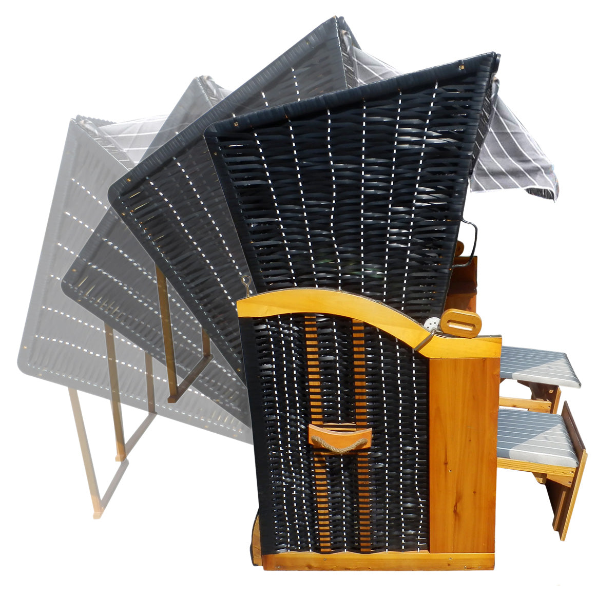 Anthrazit-grauer Polyrattan Strandkorb Deluxe für 2 Personen mit klappbaren Fußstützen, wetterfest für Ostsee und Nordsee,.