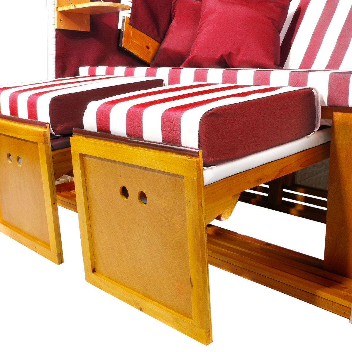 Weiß-roter Polyrattan Strandkorb mit Fußstütze für 2 Personen, wetterfest, ideal Strandkorb Ostsee und Nordsee Balkone.