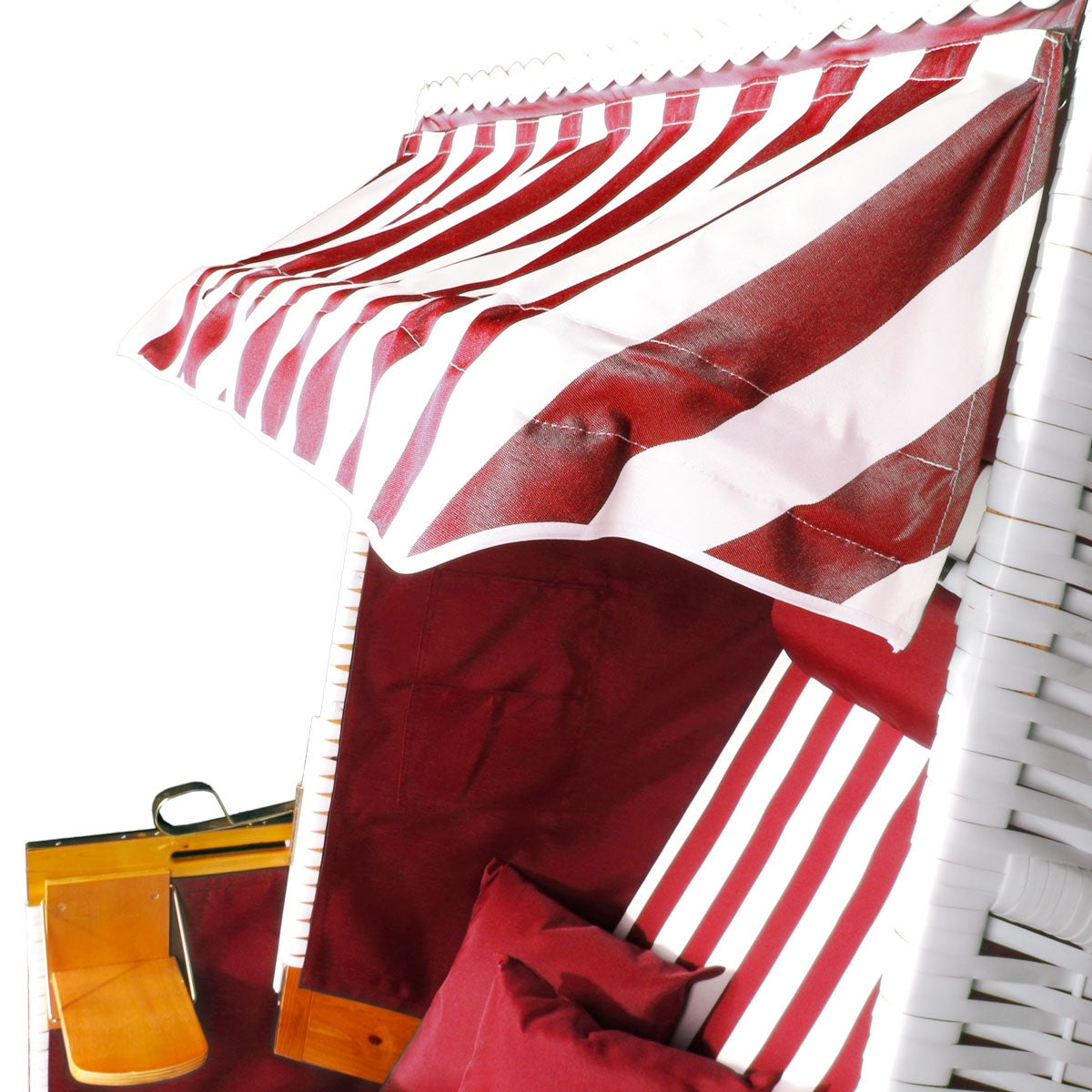 Weißer Polyrattan Strandkorb Norderney mit rot-weiß gestreiftem Markisentuch, wetterfest, ideal für Balkon, Ostsee und.