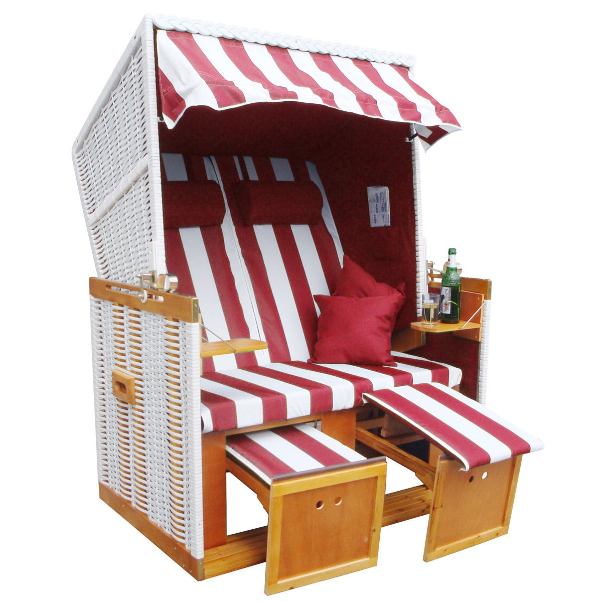 Weißer Polyrattan Strandkorb Nordsee mit rot-weiß gestreiftem Bezug, wetterfest für Balkon und Ostsee, 2 Personen,.