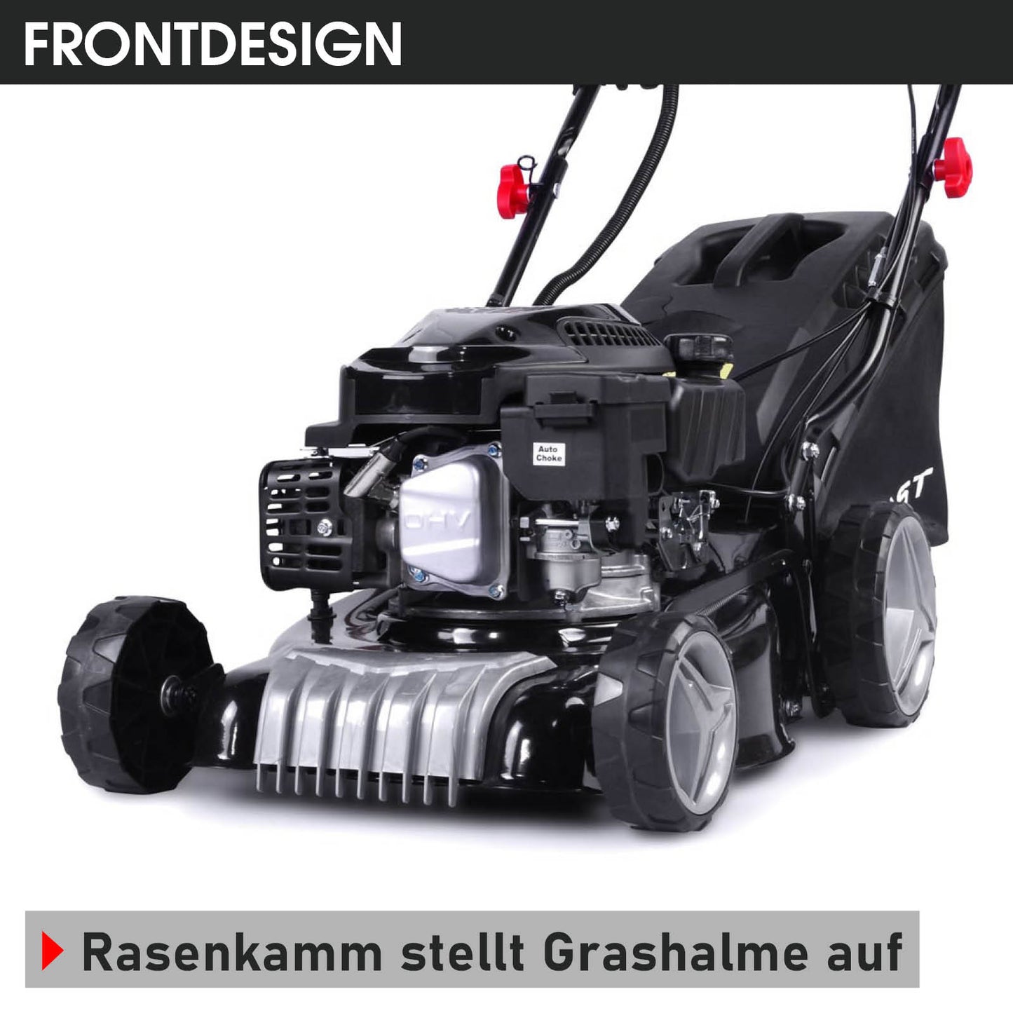 Schwarzer Benzin-Rasenmäher mit Antrieb, Mulchfunktion und Rasenfangkorb, Frontdesignlogo sichtbar.