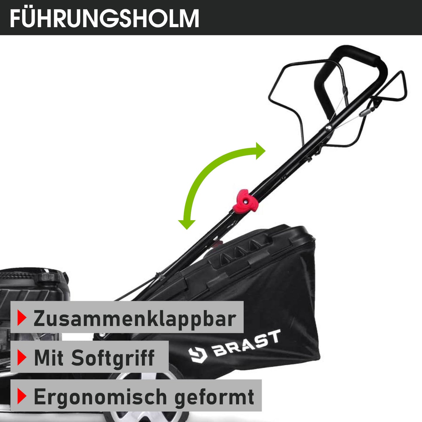 Schwarzer BRAST Benzin Rasenmäher mit klappbarem ergonomischem Führungsholm und Softgriff.