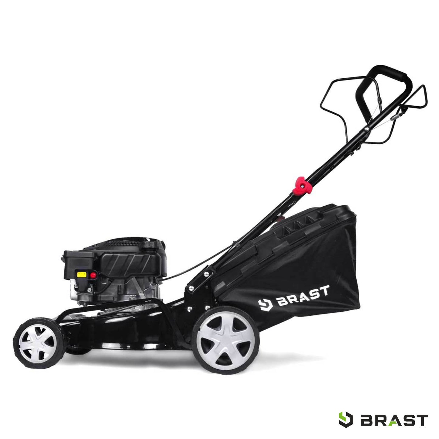 Schwarzer BRAST Benzin-Rasenmäher mit Mulchfunktion, 16 Zoll Schnittbreite und Fangkorb.