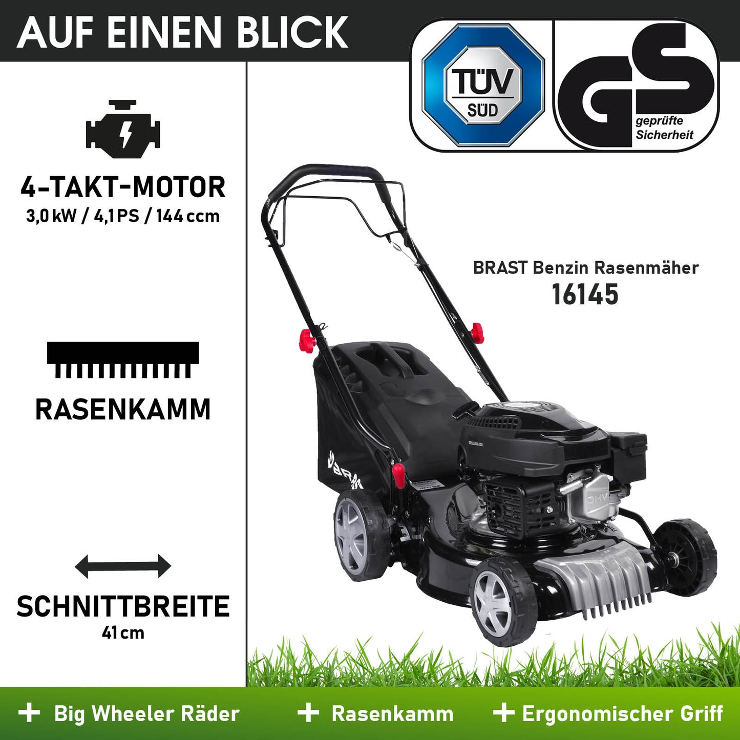Schwarzer BRAST Benzin-Rasenmäher mit 4-Takt-Motor, ergonomischem Griff und 41 cm Schnittbreite.
