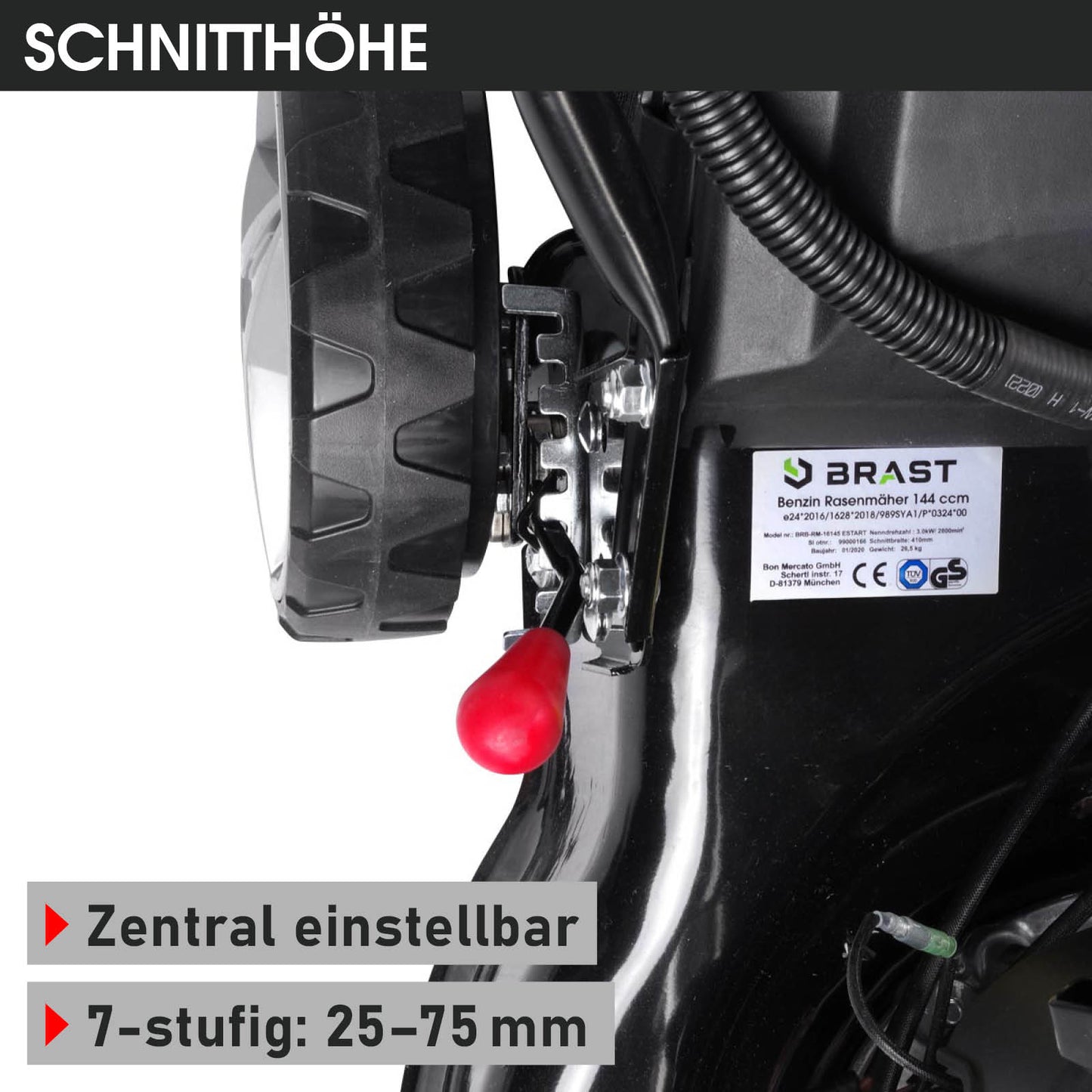 Detailansicht Höhenverstellung mit rotem Hebel am schwarzen BRAST Benzinrasenmäher Rad.