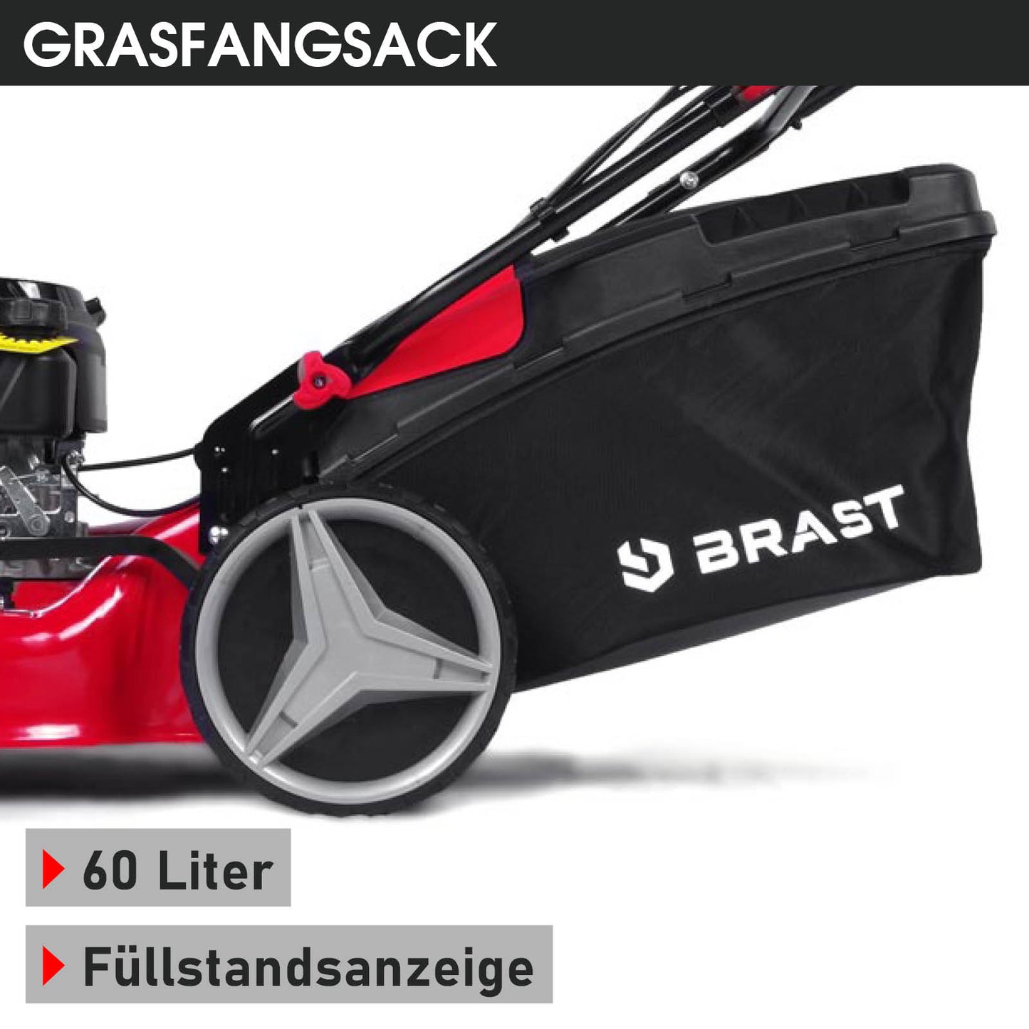 Roter Benzin-Rasenmäher mit Antrieb, großem Grasfangsack und Füllstandsanzeige.