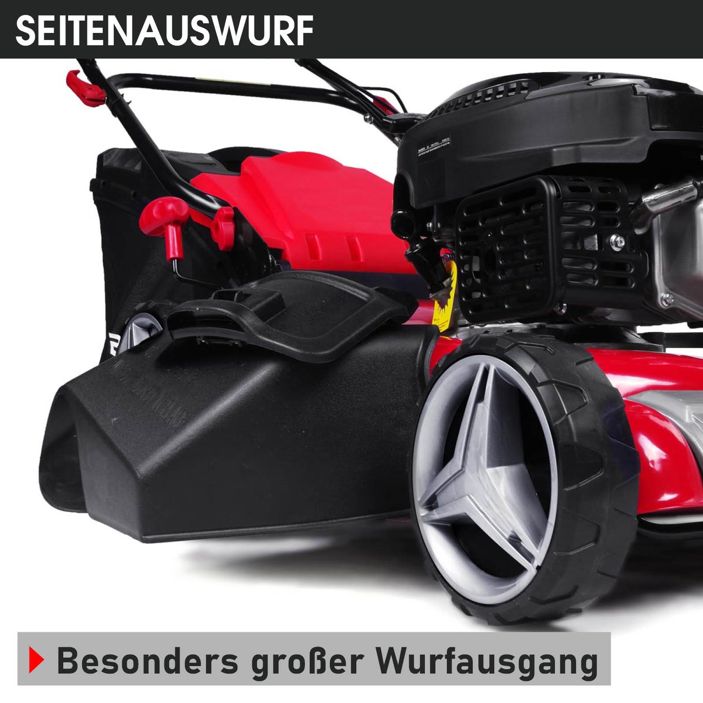 Roter Benzin-Rasenmäher mit großem schwarzen Seitenauswurf und robusten Rädern.