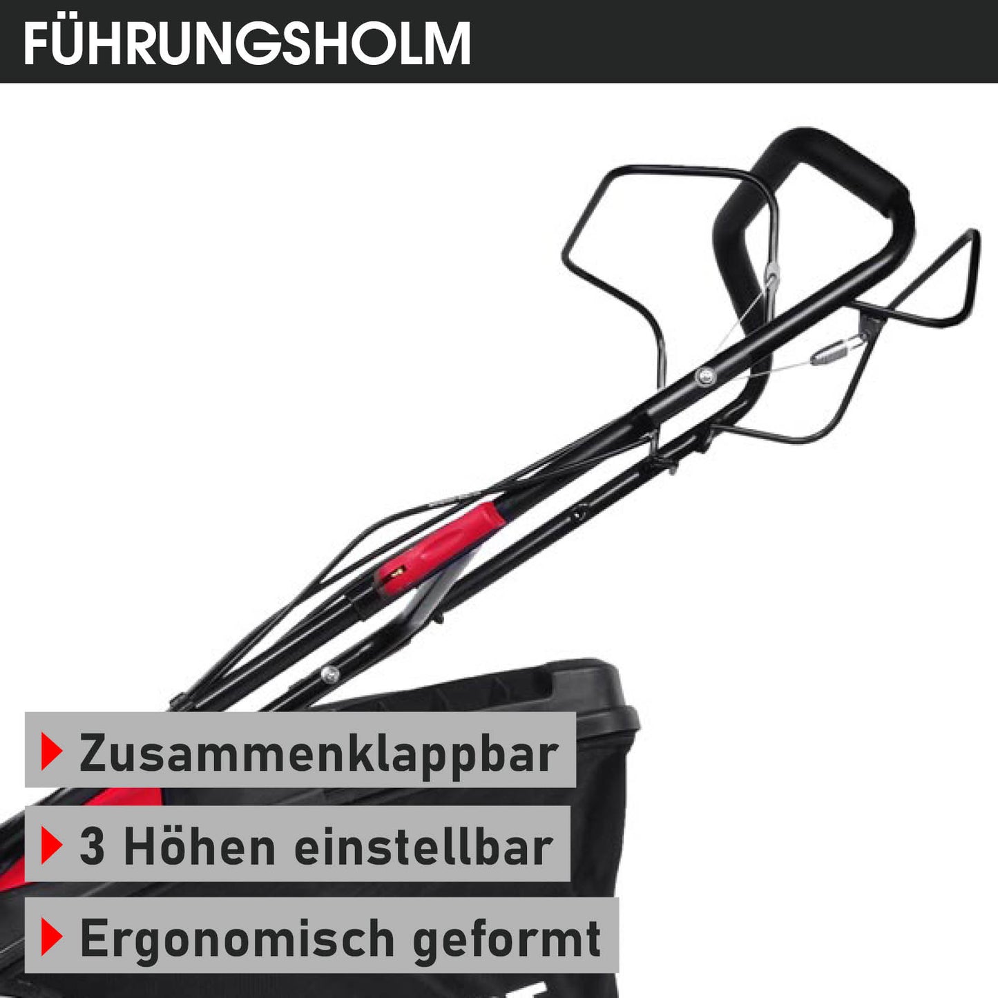 Schwarzer klappbarer Führungsholm mit ergonomischem Griff und rotem Akzent am Rasenmäher.