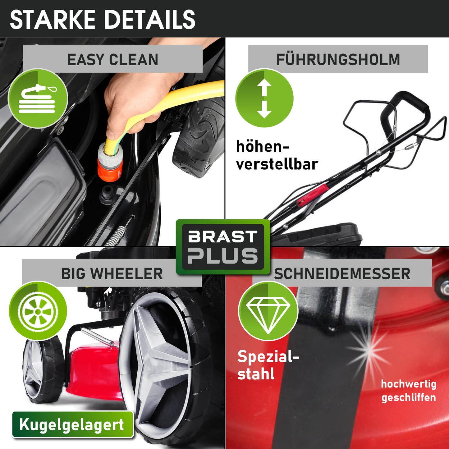 Roter Benzin-Rasenmäher mit höhenverstellbarem Führungsholm und kugelgelagerten Vorderrädern.