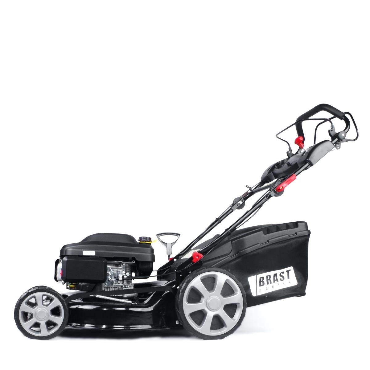 Schwarzer Benzin-Rasenmäher mit großem Fangkorb, grauen Rädern und ergonomischem Griff.