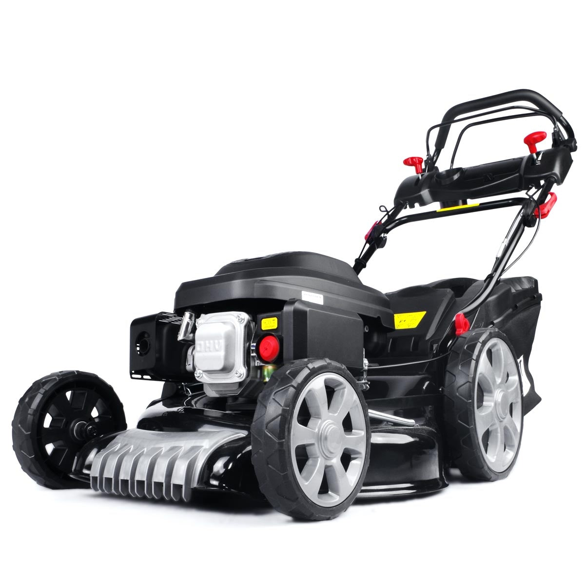 Benzin-Rasenmäher mit robustem Stahlgehäuse, großem Fangkorb und ergonomischem klappbarem Griff.