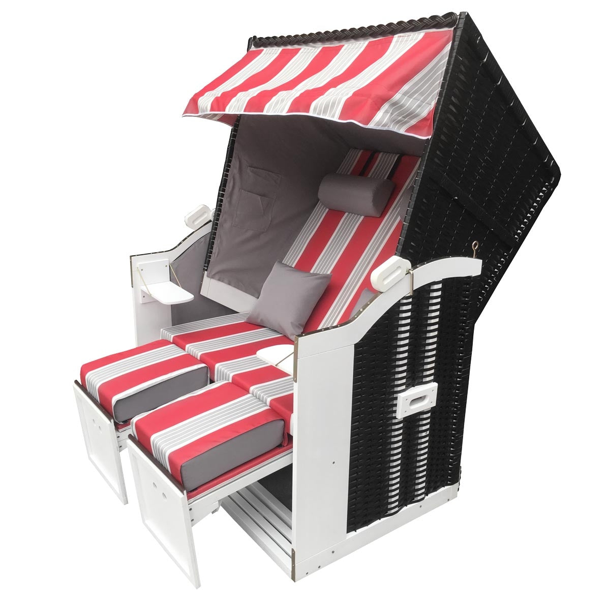 Wetterfester Polyrattan Strandkorb für 2 Personen in Rot, Grau, Weiß gestreift, Balkon- und Nordsee-Strandkorb.