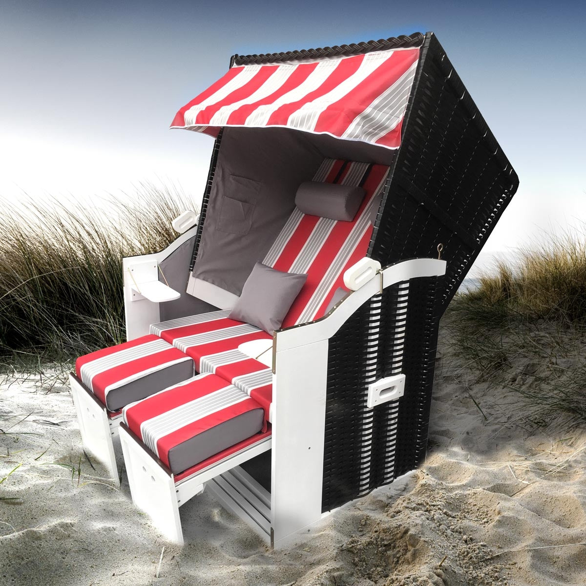 Wetterfester Polyrattan Strandkorb Sylt rot-grau-weiß gestreift für 2 Personen, Strandkorb Nordsee und Ostsee geeignet,.