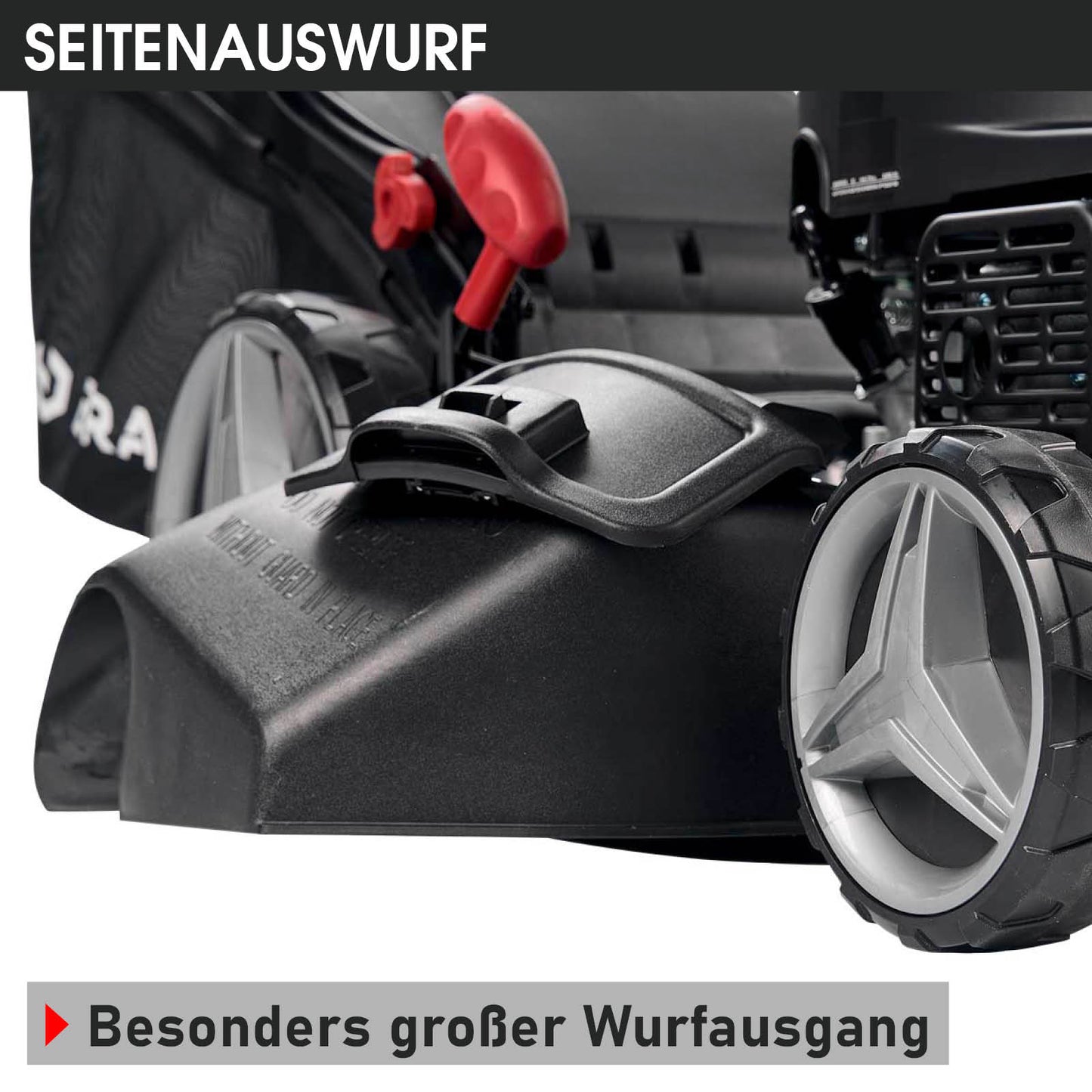 Benzinrasenmäher mit großem Seitenauswurf und robusten grauen Rädern.