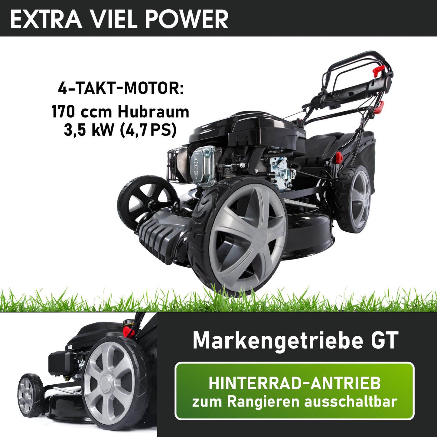 Schwarzer Benzin-Rasenmäher mit großem Hinterradantrieb und 4-Takt-Motor, 170 ccm Hubraum.
