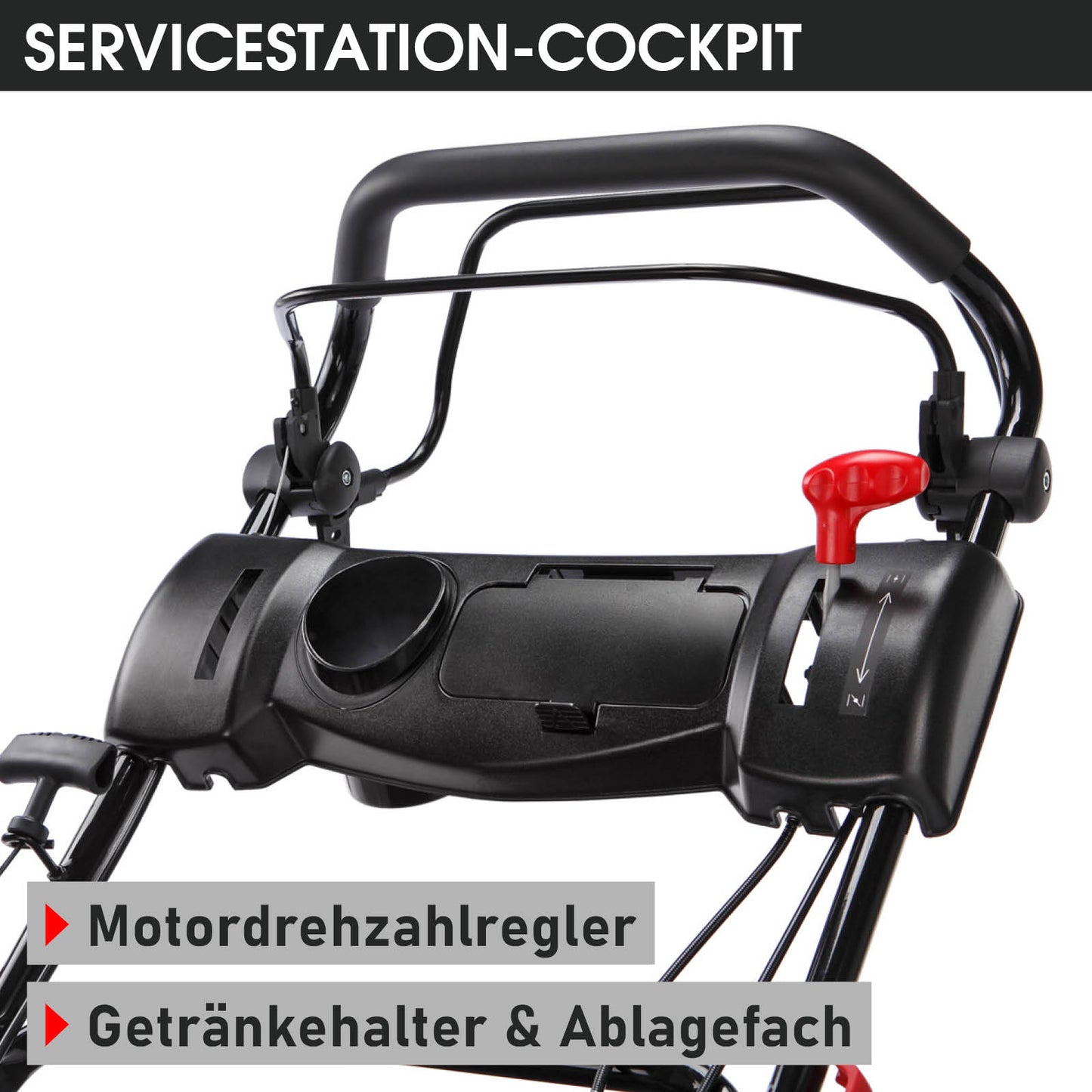 Benzin Rasenmäher Cockpit mit Motordrehzahlregler, Getränkehalter und Ablagefach in Schwarz.