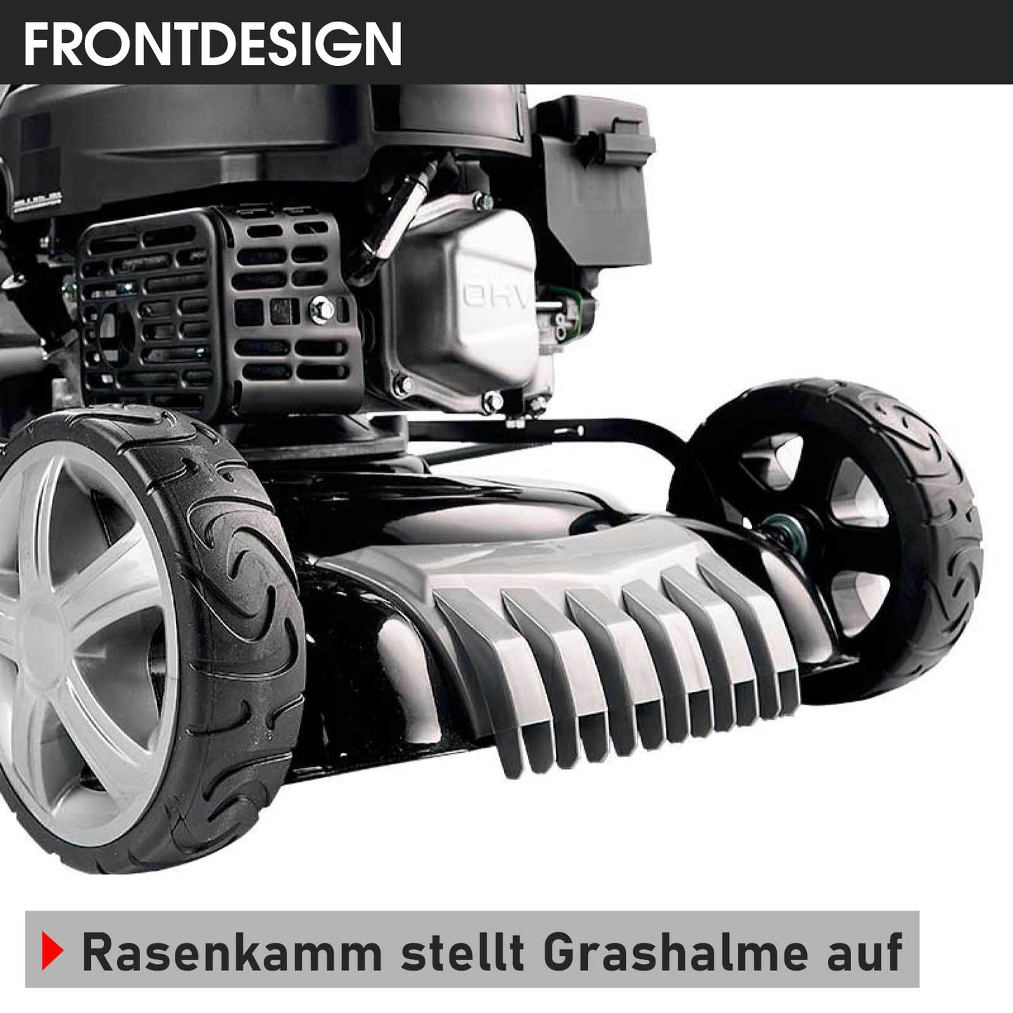 Benzin-Rasenmäher mit großem Heckfangkorb, robustem schwarzem Metallgehäuse und Profilreifen.