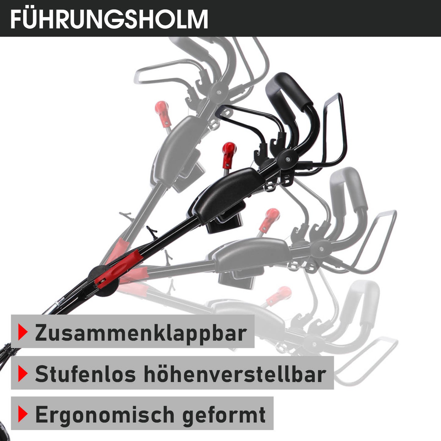 Schwarzer höhenverstellbarer Führungsholm mit klappbarem Griff und ergonomischem Design für Rasenmäher.