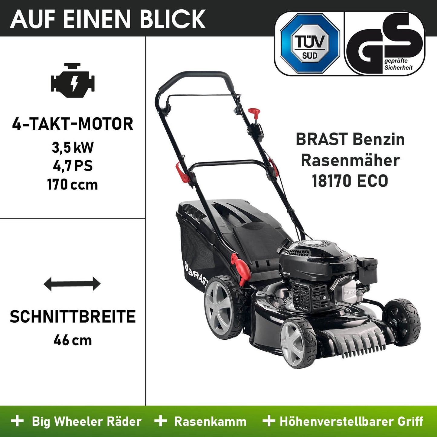 Schwarzer Benzin-Rasenmäher mit 4-Takt-Motor, 46 cm Schnittbreite, höhenverstellbar, große Räder.