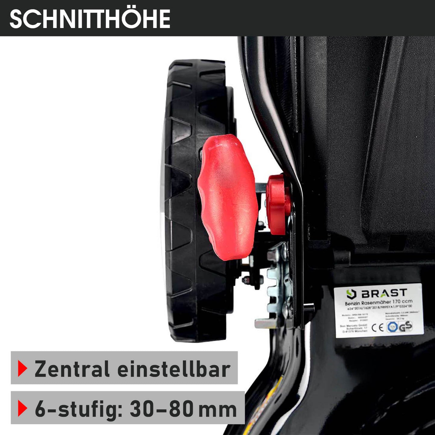 Roter Drehknopf an hinterem schwarzen Rad zur zentralen Schnitthöhenverstellung 30-80 mm.