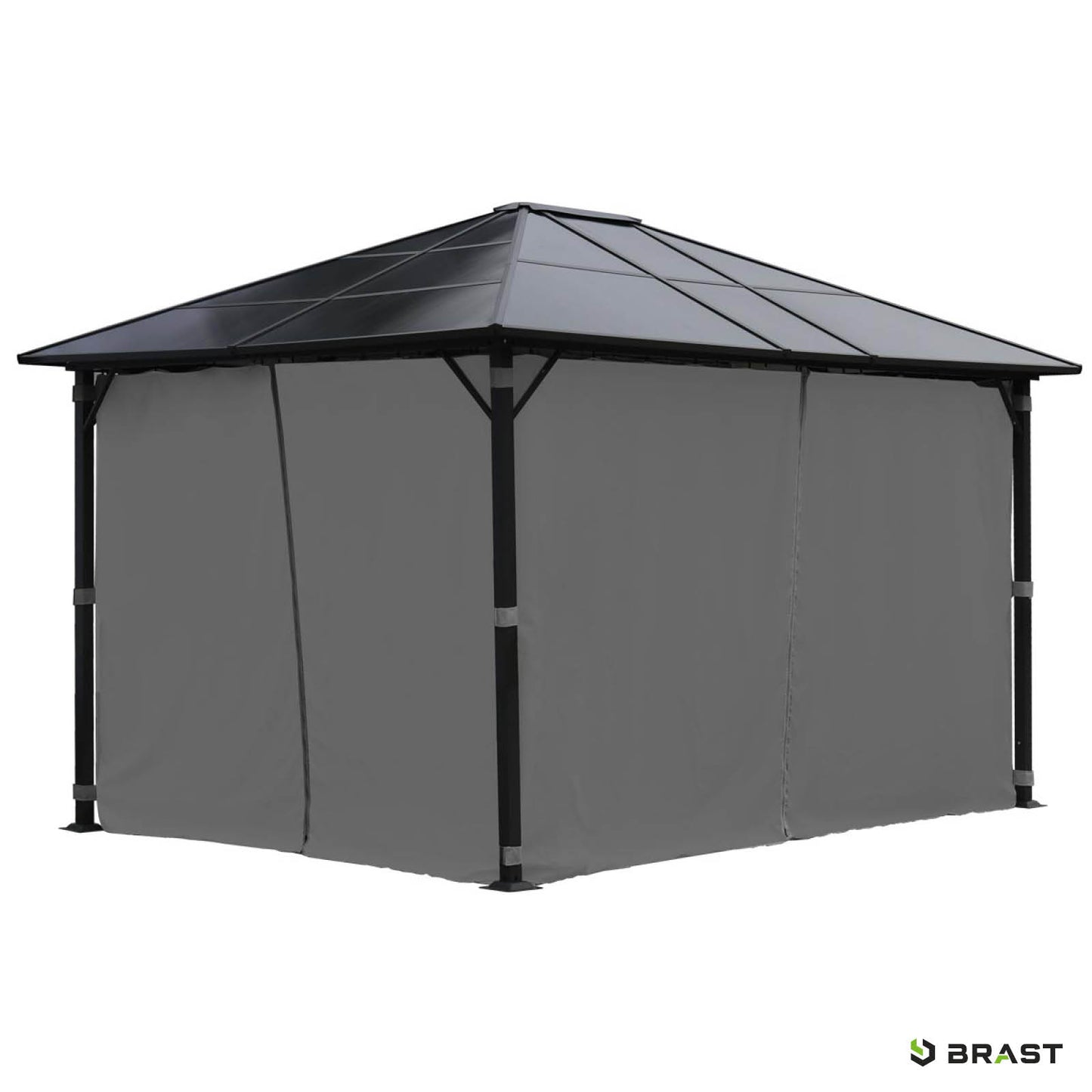 Grau Alu Gartenpavillon 3x4m mit festem Dach, sturmfest, winterfest und wasserdicht, stabil ganzjährig nutzbar.