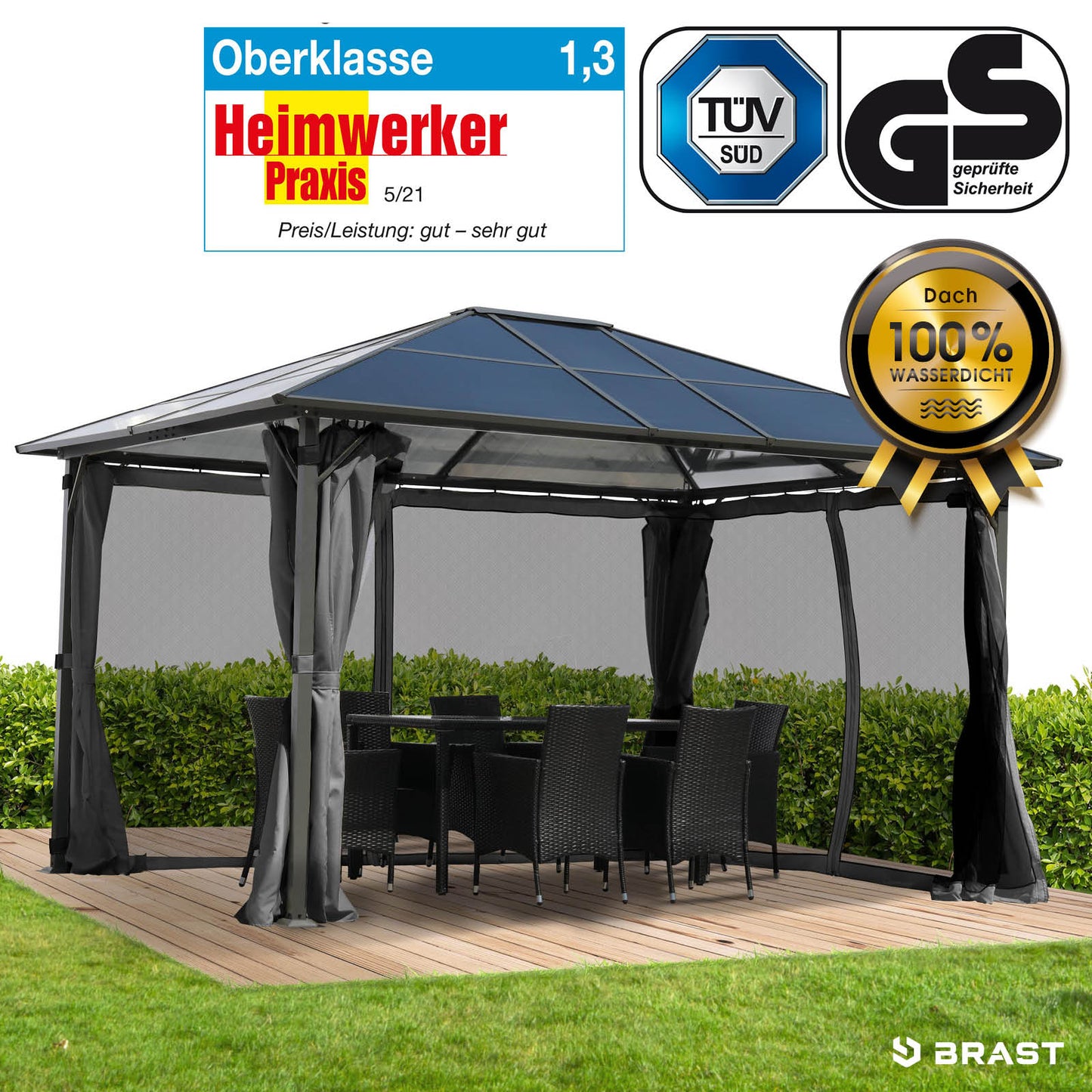 Grauer Alu Gartenpavillon 3x4m mit festem Dach, sturmfest, winterfest, wasserdicht, stabil, ganzjährig nutzbar.