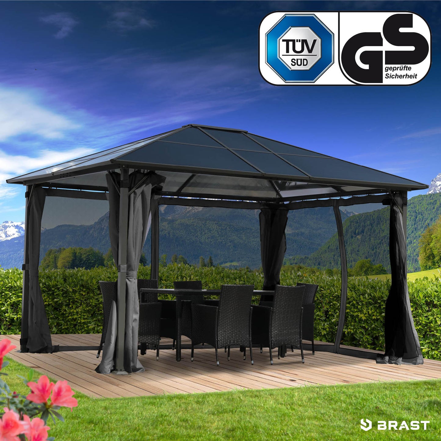 Grauer Alu-Pavillon 3x4m mit festem Dach, wasserdicht, sturmfest und winterfest, stabiler Gartenpavillon ganzjährig nutzbar.