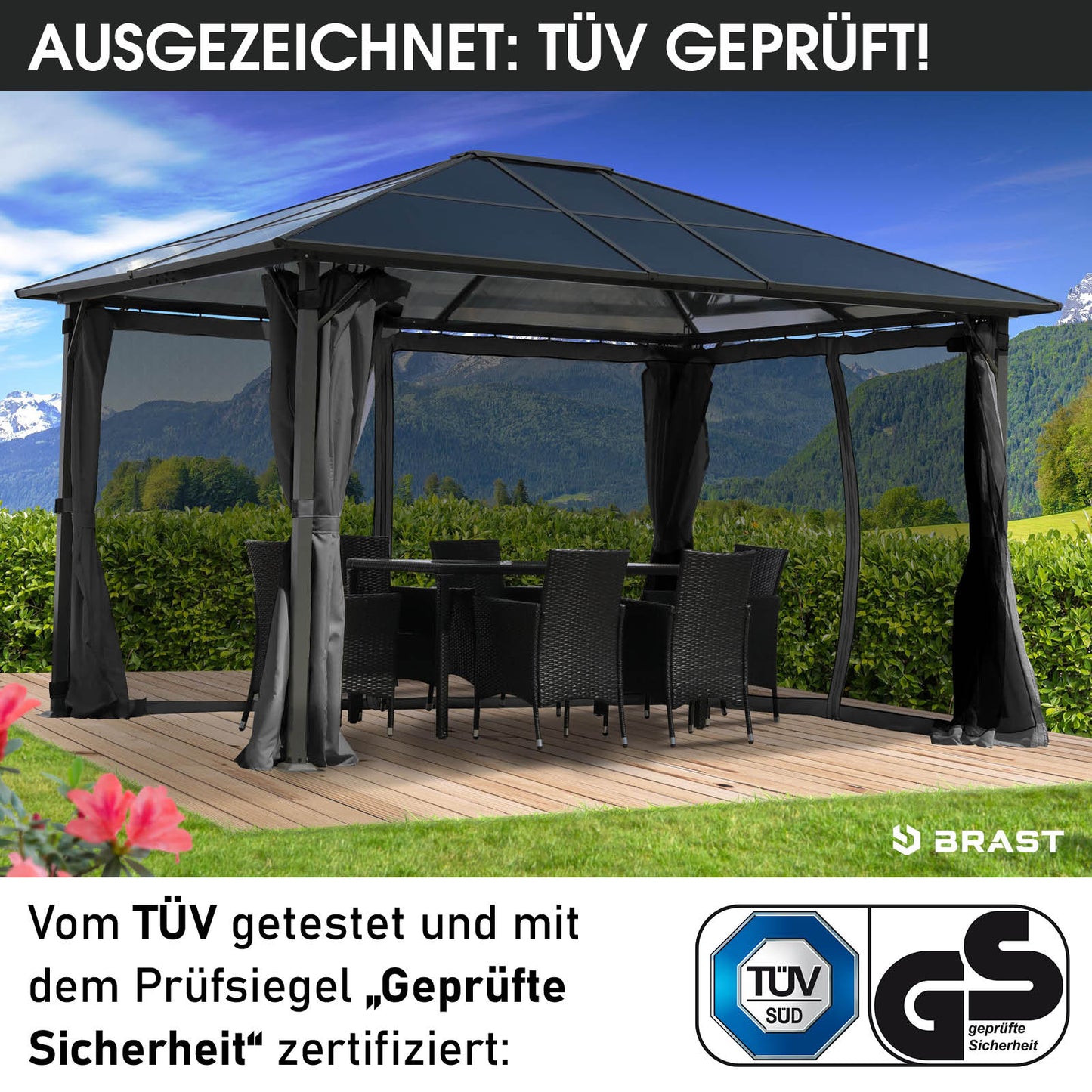 Grauer Alu Gartenpavillon 3x4m mit festem Dach, sturmfest, winterfest und wasserdicht.
