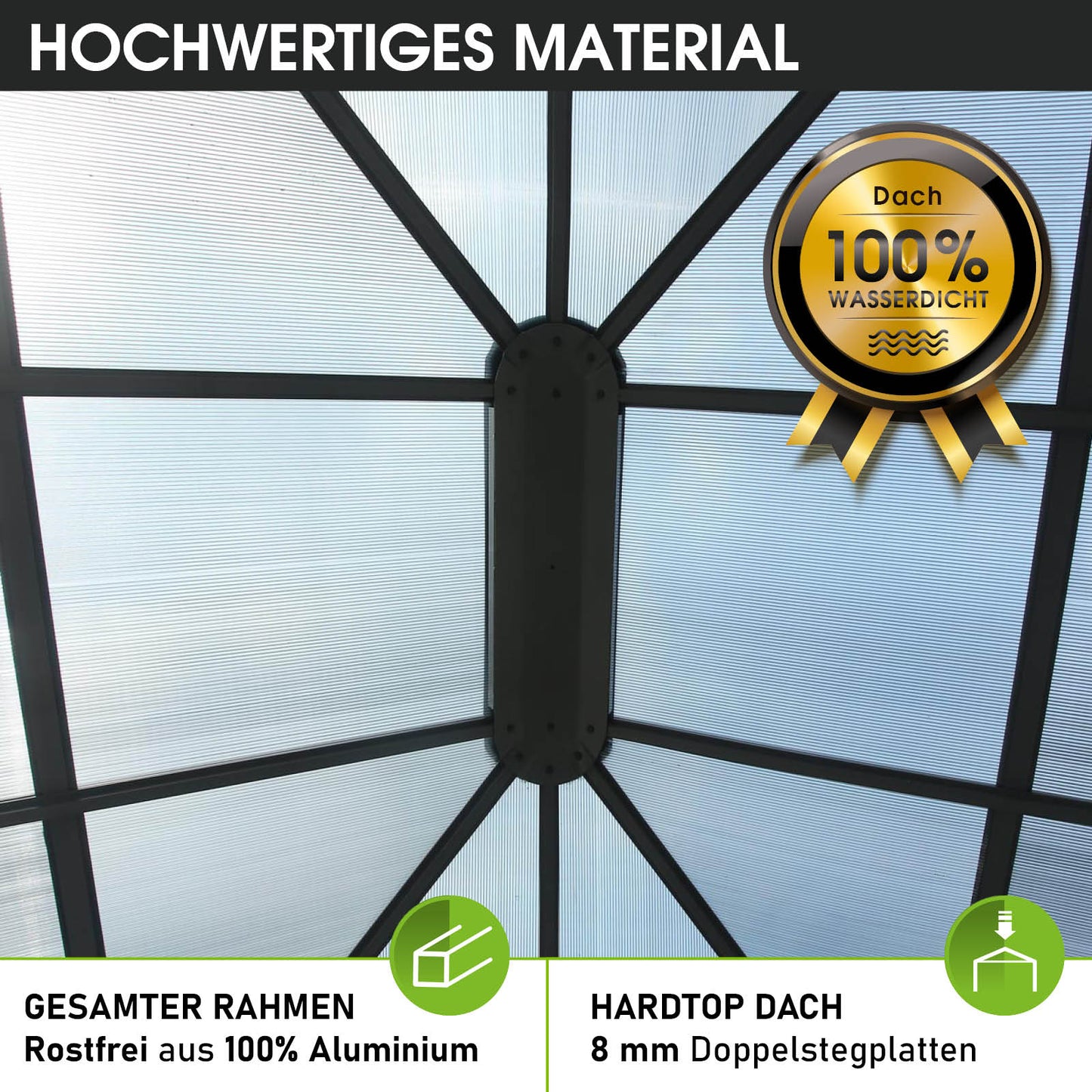Grauer Alu Gartenpavillon mit sturmfestem, winterfestem und wasserdichtem Hartdach, stabiler Aluminiumrahmen.