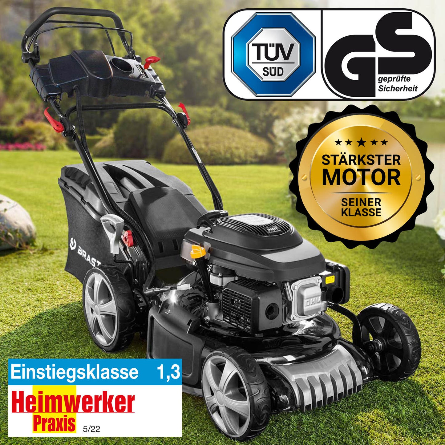 Schwarzer Benzin-Rasenmäher mit Elektrostart, Grasfangkorb und großem Motor, Mulchfunktion.
