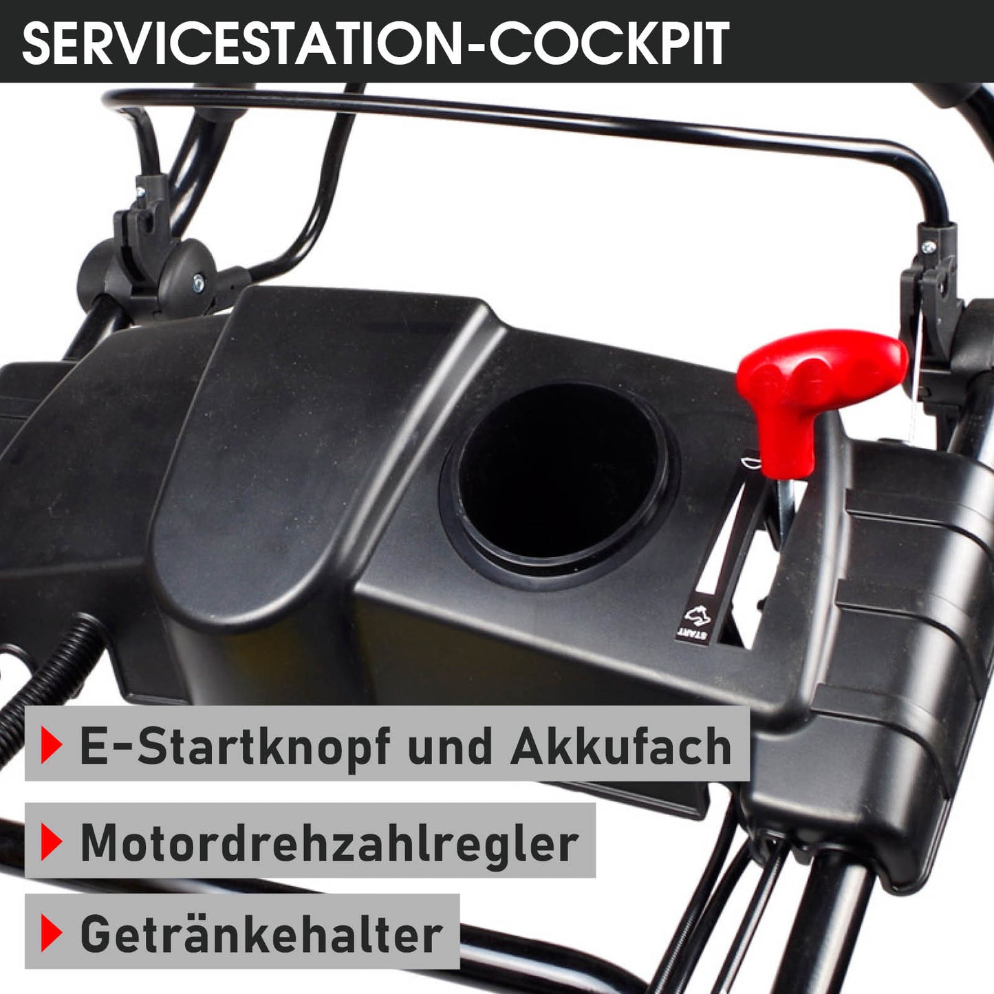 Schwarzes Cockpit eines Benzinrasenmähers mit rotem E-Startknopf, Akkufach und Getränkehalter.