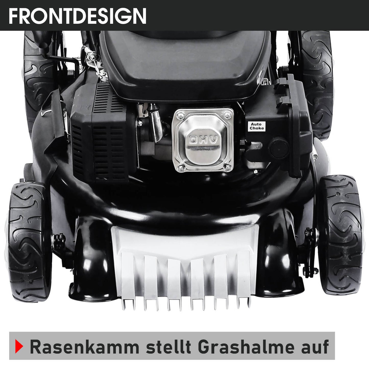 Schwarzer Benzinrasenmäher mit vorderen Rädern und silbernem Rasenkamm am Schnittdeckel.