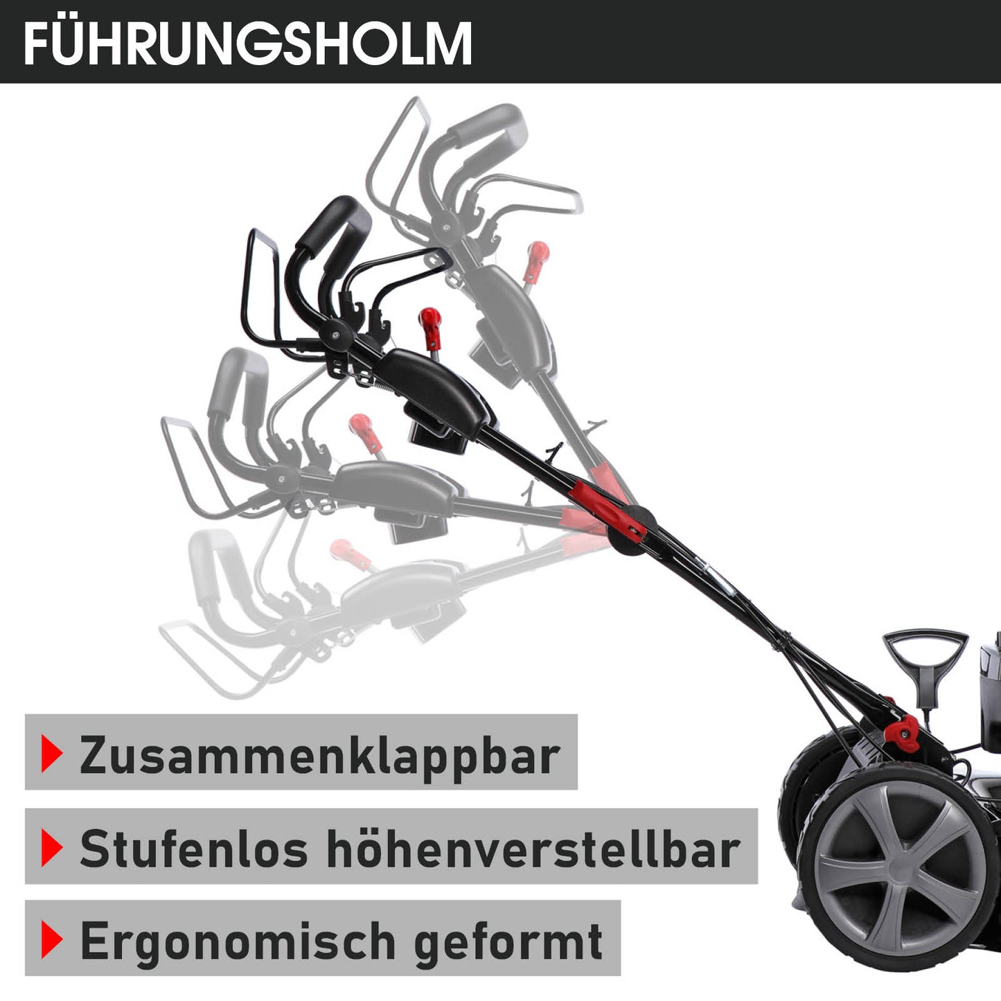 Schwarzer zusammenklappbarer Führungsholm mit ergonomischem Griff und zwei großen grauen Rädern.
