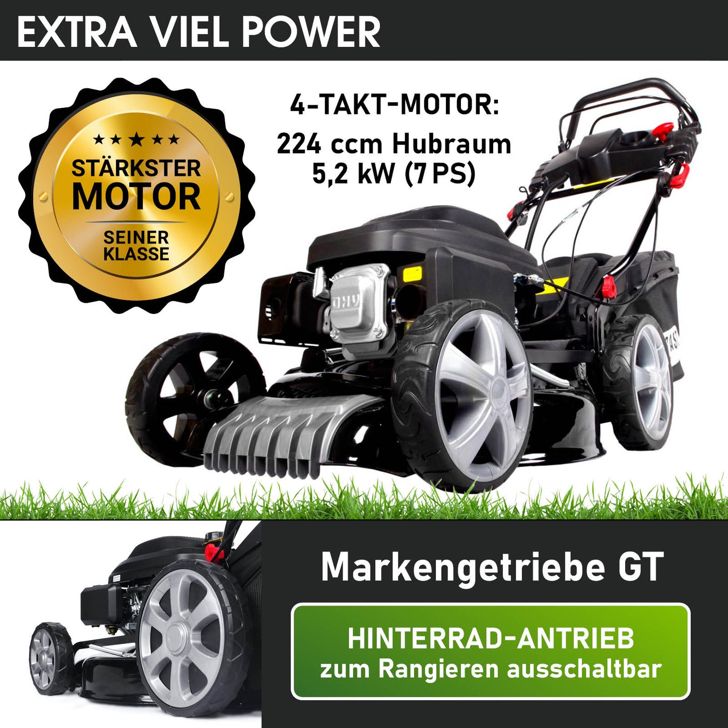 Benzin Rasenmäher mit großem grauen Hinterrad, Elektrostart, schwarzer Motorhaube und Fangkorb.