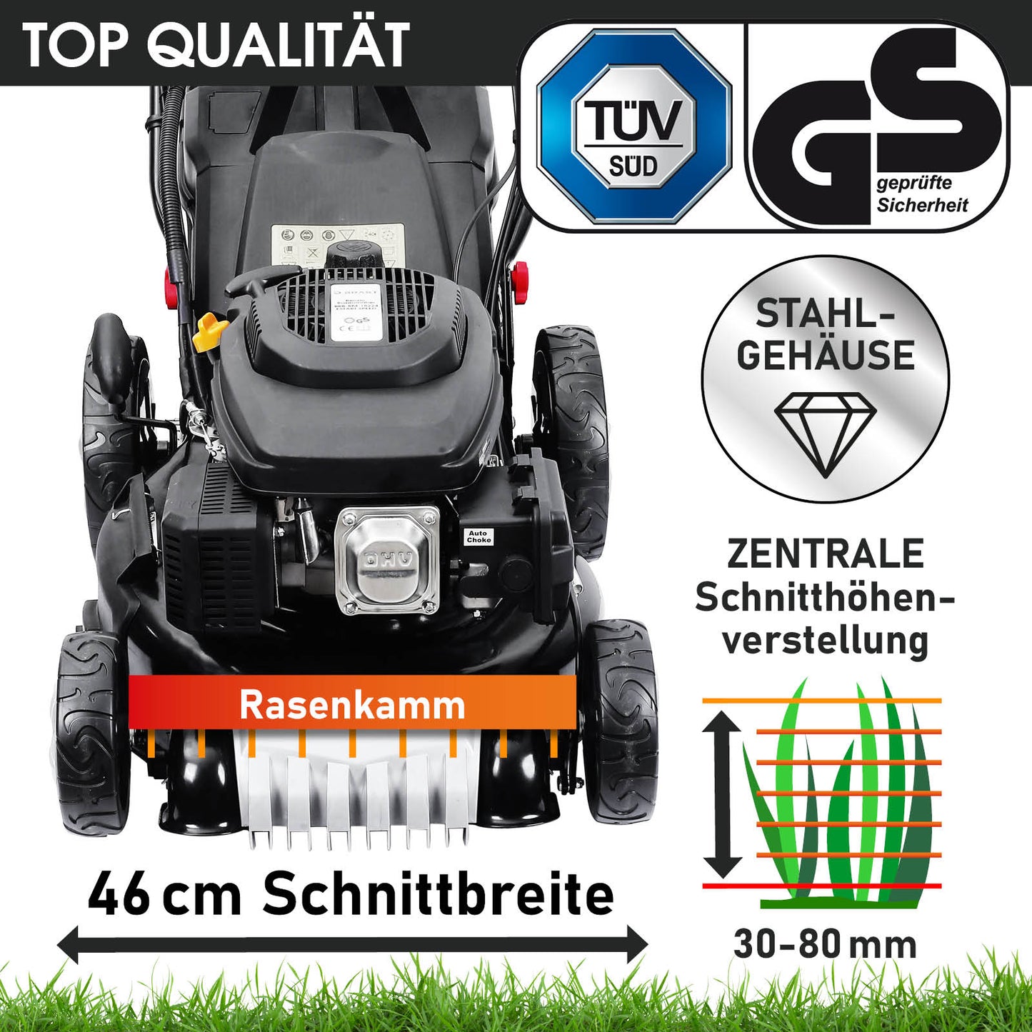 Benzin Rasenmäher mit 46 cm Schnittbreite, zentraler Schnitthöhenverstellung und Stahlgehäuse.