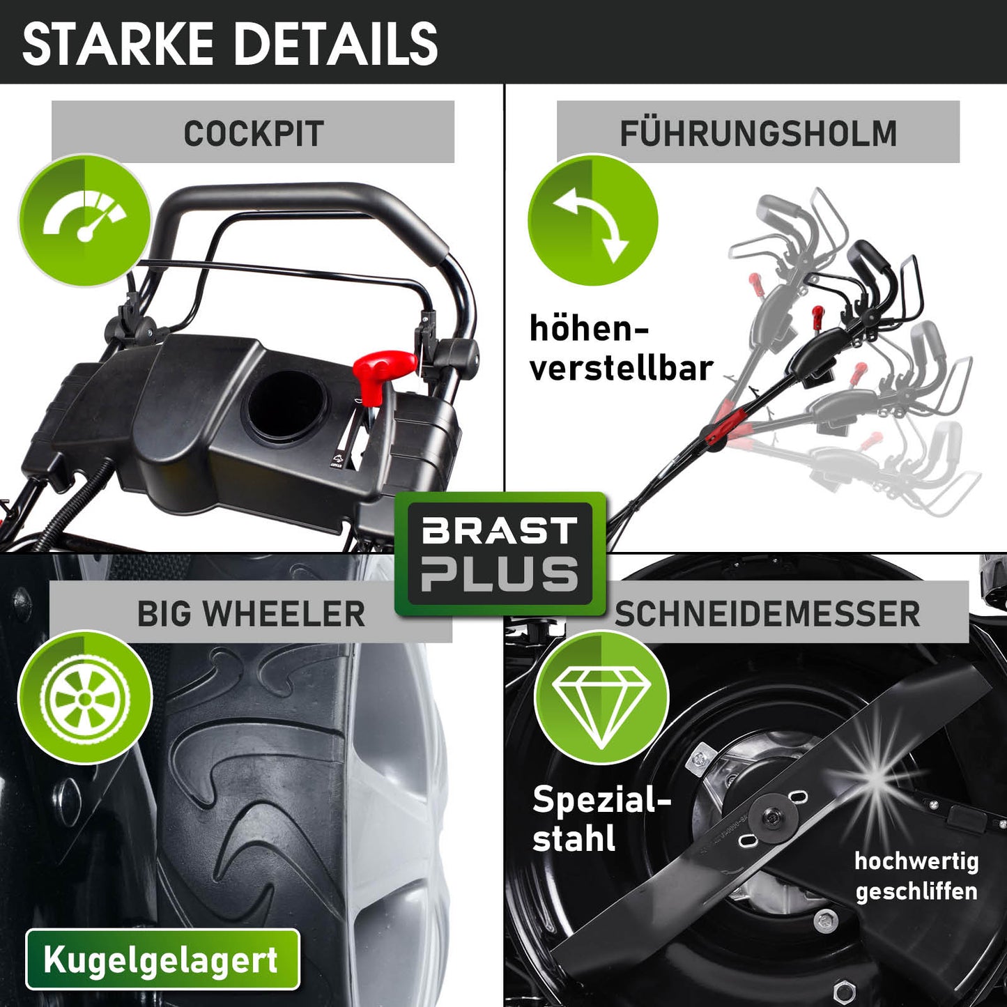 Ausschnitt des schwarzen Cockpits, höhenverstellbarer Griff und kugelgelagerte Big Wheeler Reifen am Benzin-Rasenmäher.