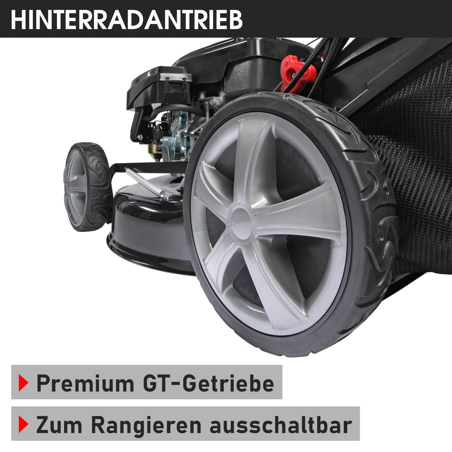 Schwarzer Benzinrasenmäher mit großem Hinterrad, silberfarbene Felge, Premium GT-Getriebe und abschaltbarem Radantrieb.