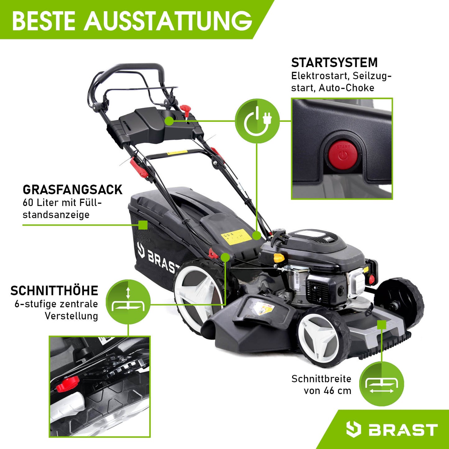 Schwarzer BRAST Benzin Rasenmäher mit 46 cm Schnittbreite, Elektrostart und 60-Liter Grasfangsack.