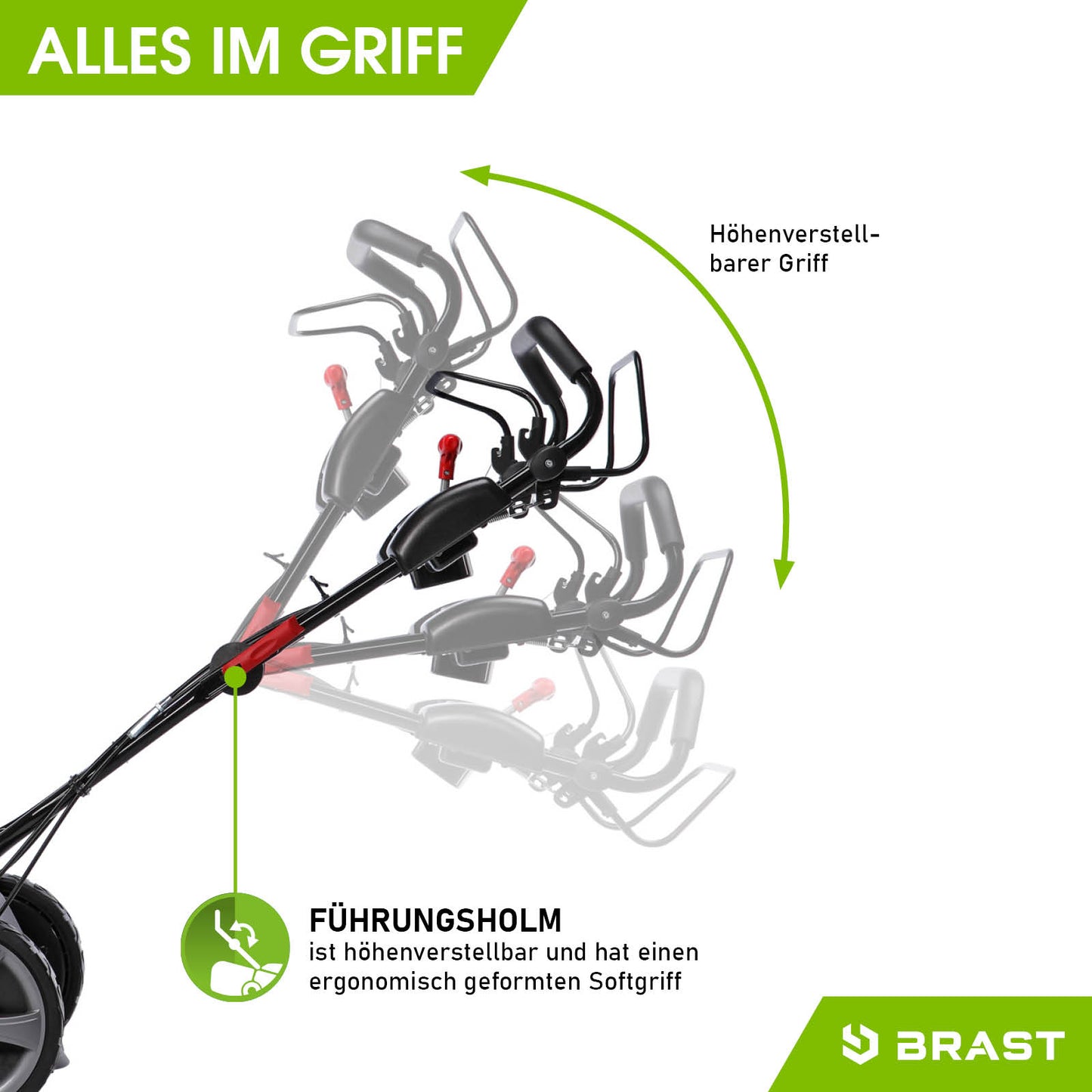 Schwarzer höhenverstellbarer Führungsholm mit ergonomischem Softgriff am Benzin-Rasenmäher.