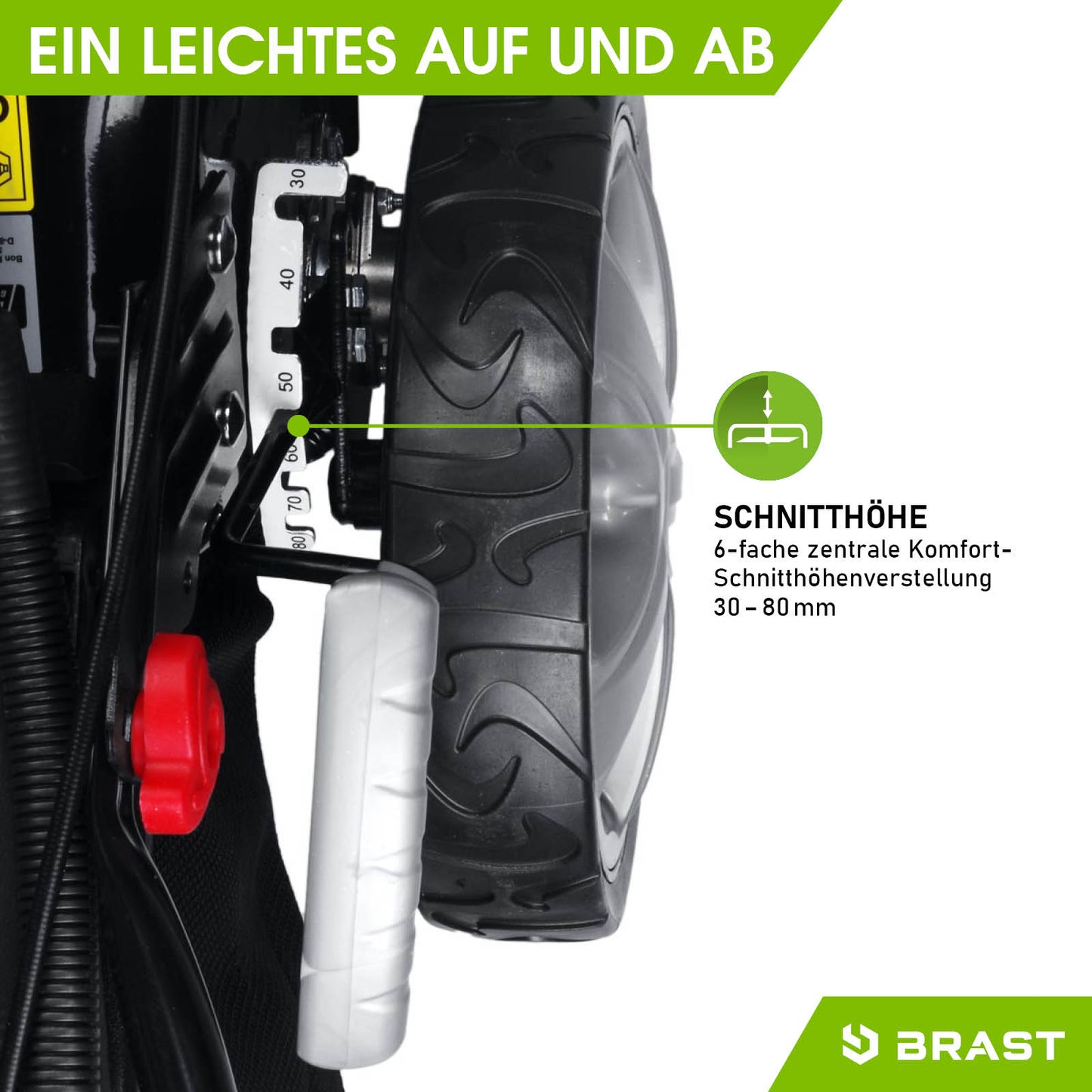 Nahaufnahme des schwarzen Benzin-Rasenmähers mit großem Hinterrad und zentraler 6-fach Schnitthöheneinstellung von 30 bis 80 .