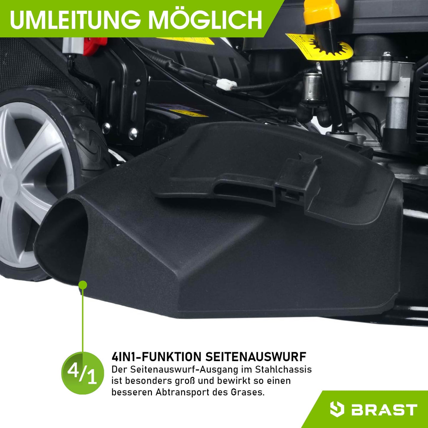 Schwarzer Seitenauswurfaufsatz am Benzin-Rasenmäher mit grauem Rad und gelben Akzenten.