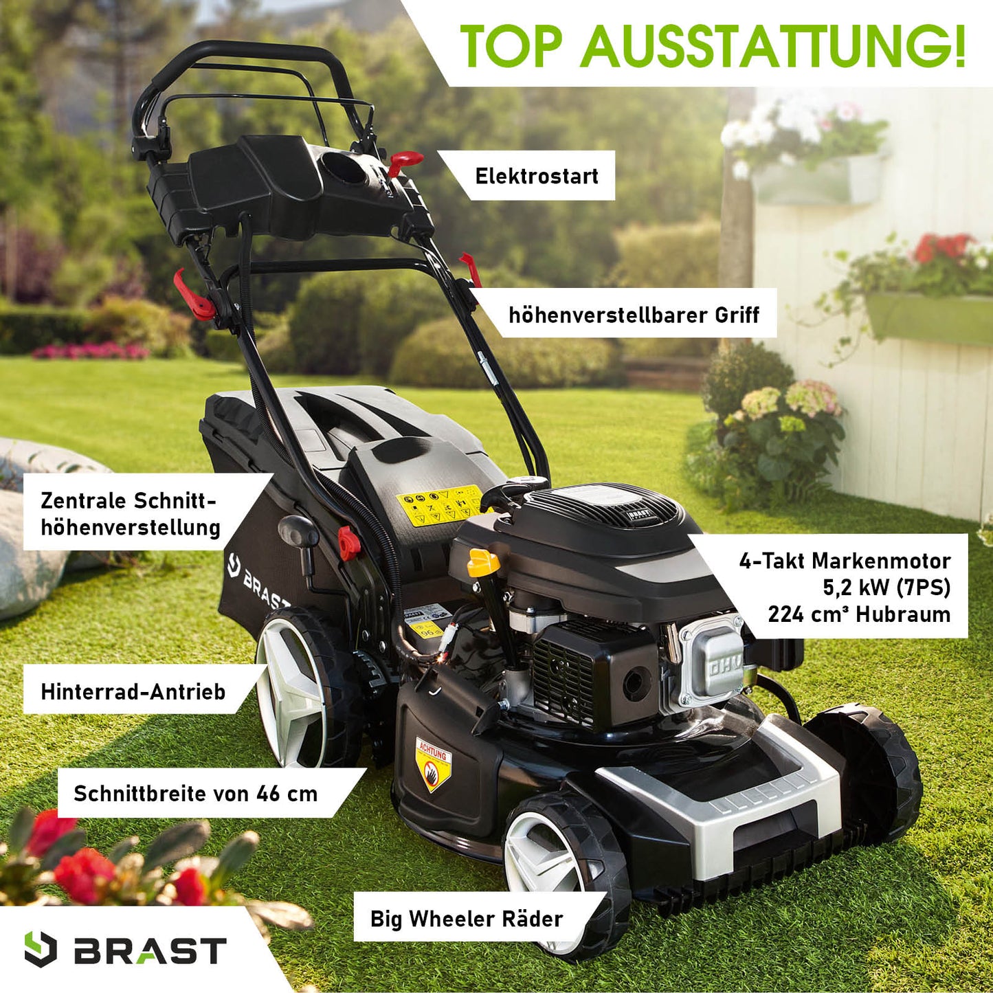 Schwarzer Benzin-Rasenmäher mit Elektrostart, höhenverstellbarem Griff, 46 cm Schnittbreite und Hinterradantrieb.